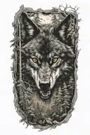 black wolf growling in forest scene tattoo design idea