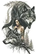 ferocious black evil wolf in the forest with beautiful woman tattoo design idea