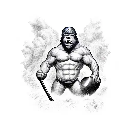 Sasquatch pin up riding a bomb, wearing a gladiator helmet  tattoo design idea