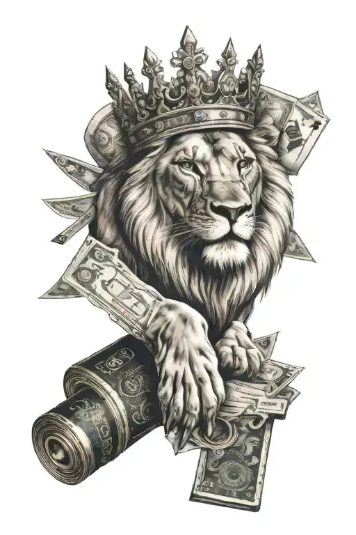 lion with crown, guns, money ,kinfe and cards  tattoo design idea
