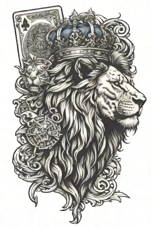 lion with crown guns money kinfe cards forming tattoo design idea