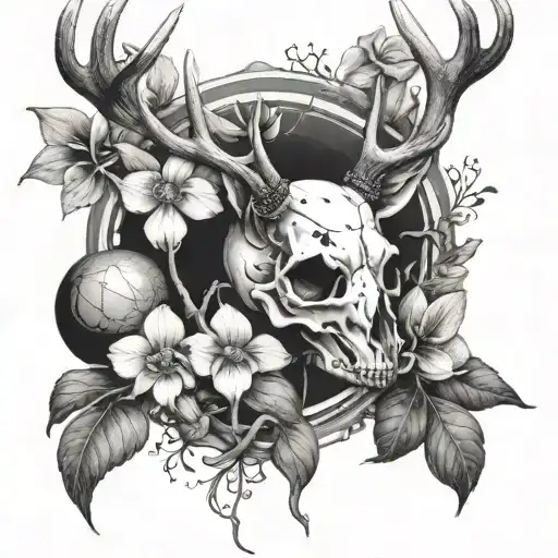deer skull with orchids, wrapped around the antlers and planets going between the antlers with more nature tattoo design idea