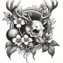 deer skull with orchids, wrapped around the antlers and planets going between the antlers with more nature tattoo design idea