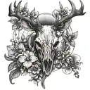 deer skull with orchids, wrapped around the antlers and planets going between the antlers with more nature tattoo design idea