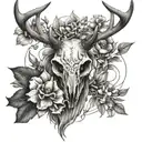 deer skull with orchids, wrapped around the antlers and planets going between the antlers with more nature tattoo design idea