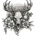 deer skull with orchids, wrapped around the antlers and planets going between the antlers with more nature tattoo design idea
