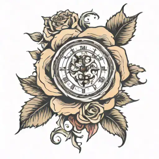 english rose with lion and clock face tattoo design idea