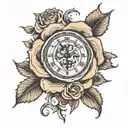 english rose with lion and clock face tattoo design idea