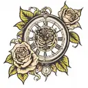 english rose with lion and clock face tattoo design idea
