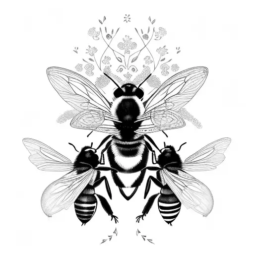 Three bumblebees flying around chrysanthemum and calla Lilly  tattoo design idea