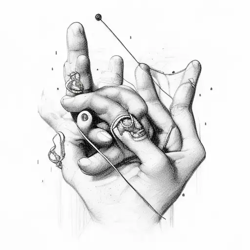 Hands (like the ones found between god and david on the sistine chapel) with a red string connecting them tattoo design idea