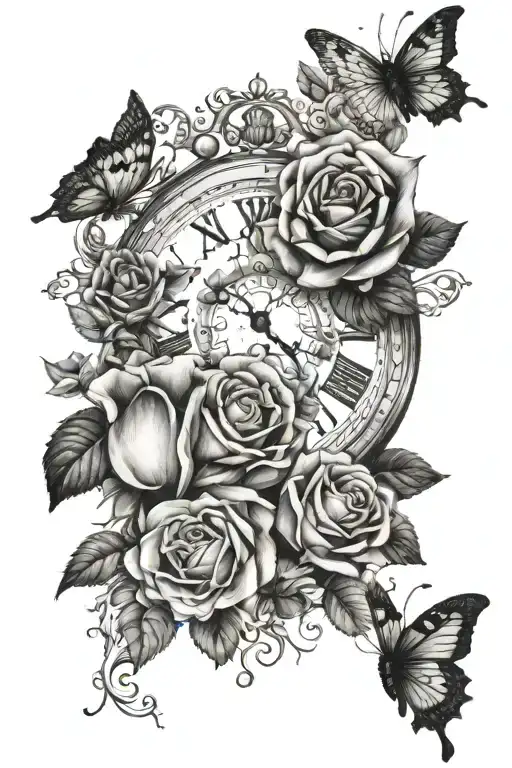 roses and butterflies and clock with the name Sildalmara Reyes tattoo design idea