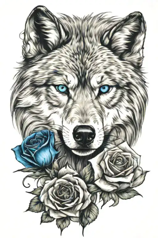 Wolf with blue eyes and blue rose blooming tattoo design idea