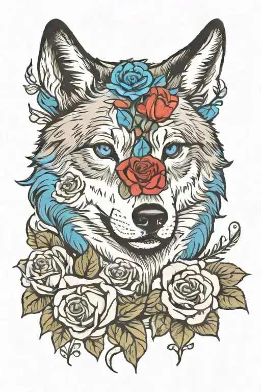 Wolf with blue eyes and blue rose blooming tattoo design idea