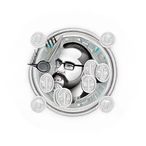 A realism style tattoo of a stack of money with barber tools scattered around it, symbolizing the client's financial success and their love for the barbering profession tattoo design idea