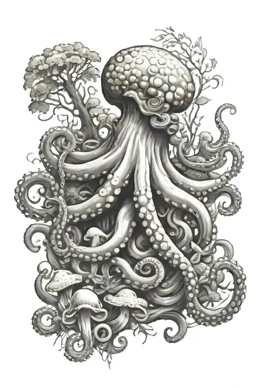octopus eating mushrooms in the forest  tattoo design idea