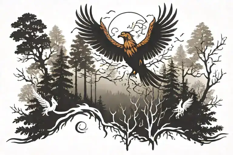 phoenix flying in the forest scene tattoo design idea