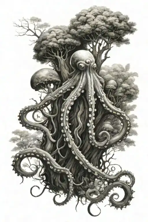 octapus wandering in the forest filled tattoo design idea