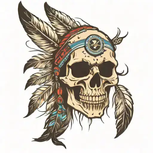 native american skull with feathers hanging upside tattoo design idea