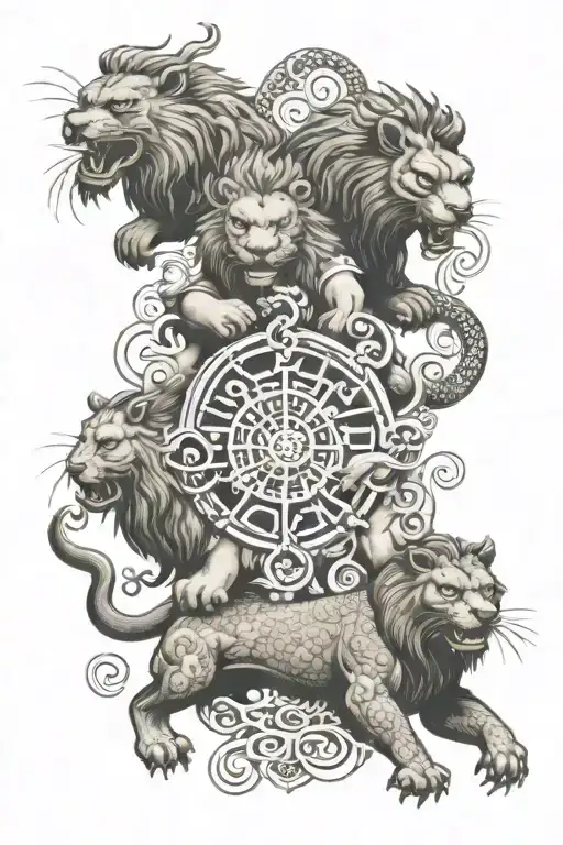  lion and a bear and a dragon being balanced by the zodiac sign Libra tattoo design idea