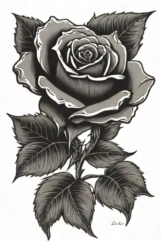 single rose with name in stem and petals falling Icarus tattoo design idea