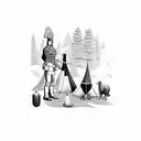 A unique blackwork design of a British army chef cooking in a campsite surrounded by animals native to England, Canada, Afghanistan, Oman, Germany, and the Falklands tattoo design idea