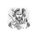 A unique blackwork design of a British army chef cooking in a campsite surrounded by animals native to England, Canada, Afghanistan, Oman, Germany, and the Falklands tattoo design idea