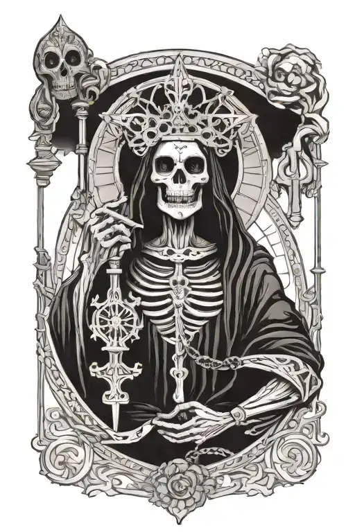 Santa muerte as a guardian of the underworld with a key to the gates of death tattoo design idea