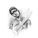 A realistic portrait of an engineer playing an electric guitar tattoo design idea
