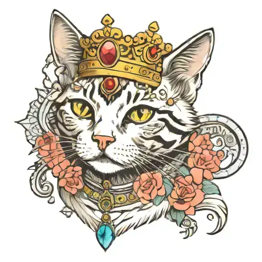 cat with a princesss crown, with a kiss mark on his forehead, in egypt style and name write Nalah tattoo design idea