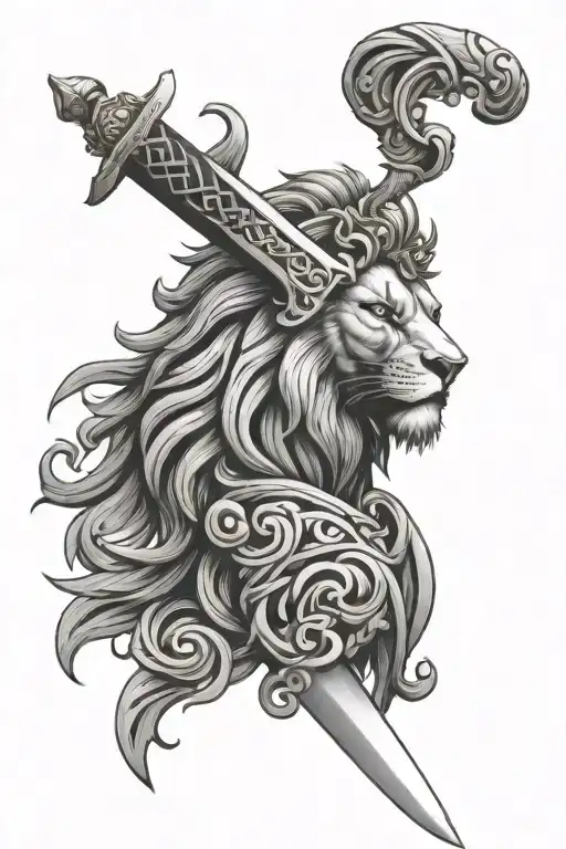 lions head sword wrapped tattoo design idea
