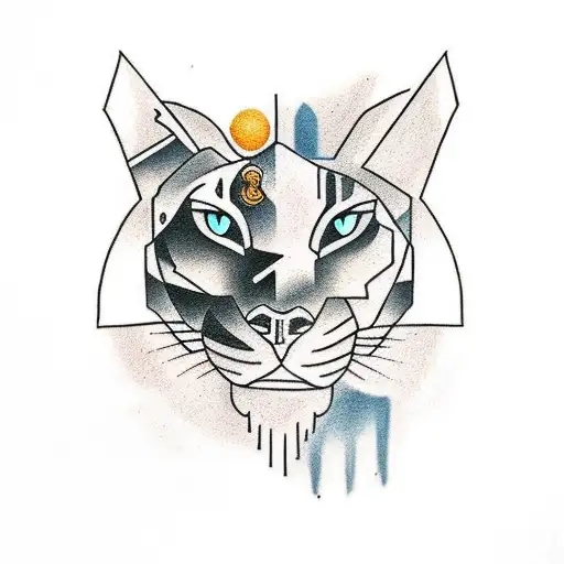 A traditional tattoo design showcasing a powerful panther exploring a serene nature scene with canyons and mountains tattoo design idea