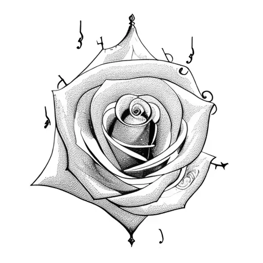 A sword entwined with a rose, with musical notes flowing out from it tattoo design idea