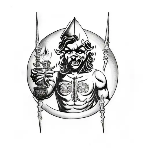 dark lord  God with powers, with mantle  cristal  globe in hands organic black texture tattoo design idea