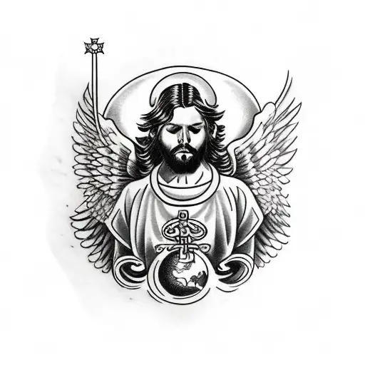 angelic lord with mantle  cristal  globe cloud realistic tattoo design idea