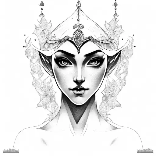 woman portrait elf   with big dark crown  tattoo design idea