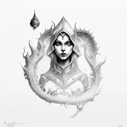 dark lord Elf, with mantle  cristal  globe in hands organic black texture tattoo design idea