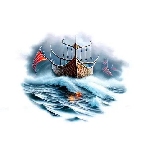 viking ship water reflection storm lighting bolt houses in horizont  tattoo design idea