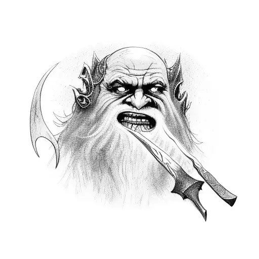 lord of the rings troll holding staff and axe in two hands tattoo design idea
