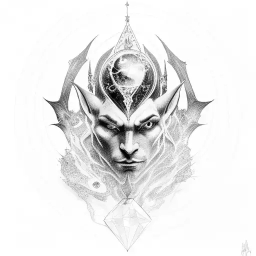 dark lord Elf, with mantle dark holding cristal  globe in hands  tattoo design idea
