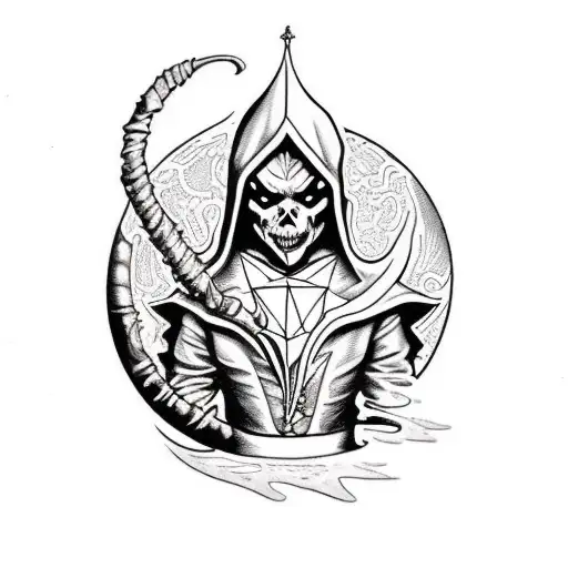 dark lord Elf mumified, with mantle  cristal  globe in hands organic black texture tattoo design idea