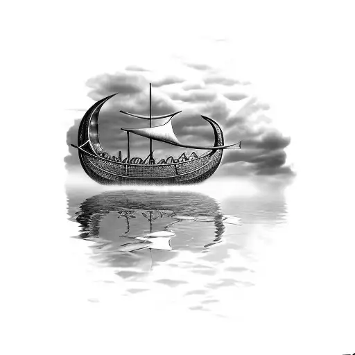 viking ship water reflection storm lighting bolt houses in horizont  tattoo design idea