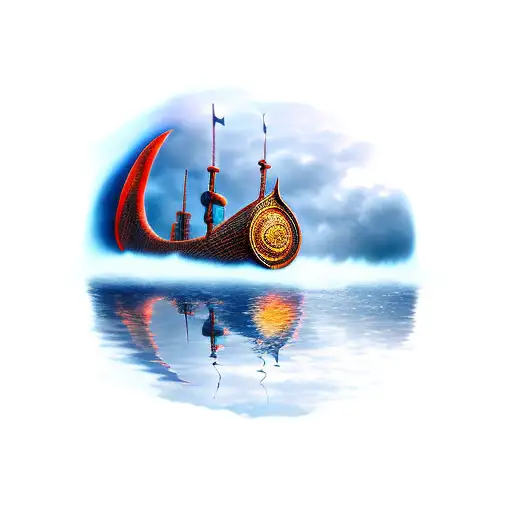 viking ship water reflection storm lighting bolt houses in horizont  tattoo design idea