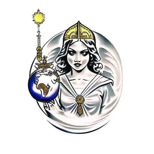 angelic lord with mantle  cristal  globe in hands tattoo design idea