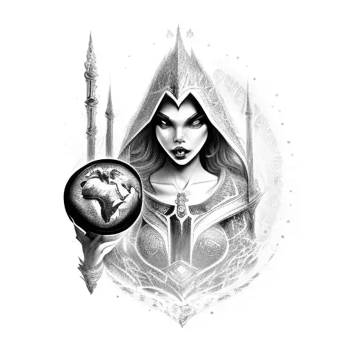 dark lord Elf mumified, with mantle  cristal  globe in hands organic black texture tattoo design idea