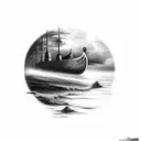 viking ship water reflection storm lighting bolt houses in horizont  tattoo design idea