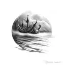 viking ship water reflection storm lighting bolt houses in horizont  tattoo design idea