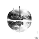 viking ship water reflection storm lighting bolt houses in horizont  tattoo design idea