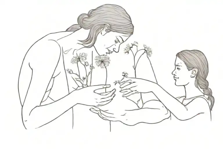 lydia Sardes ruins with a figure of mother and doughter having a dandelion in hands tattoo design idea