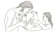 lydia Sardes ruins with a figure of mother and doughter having a dandelion in hands tattoo design idea